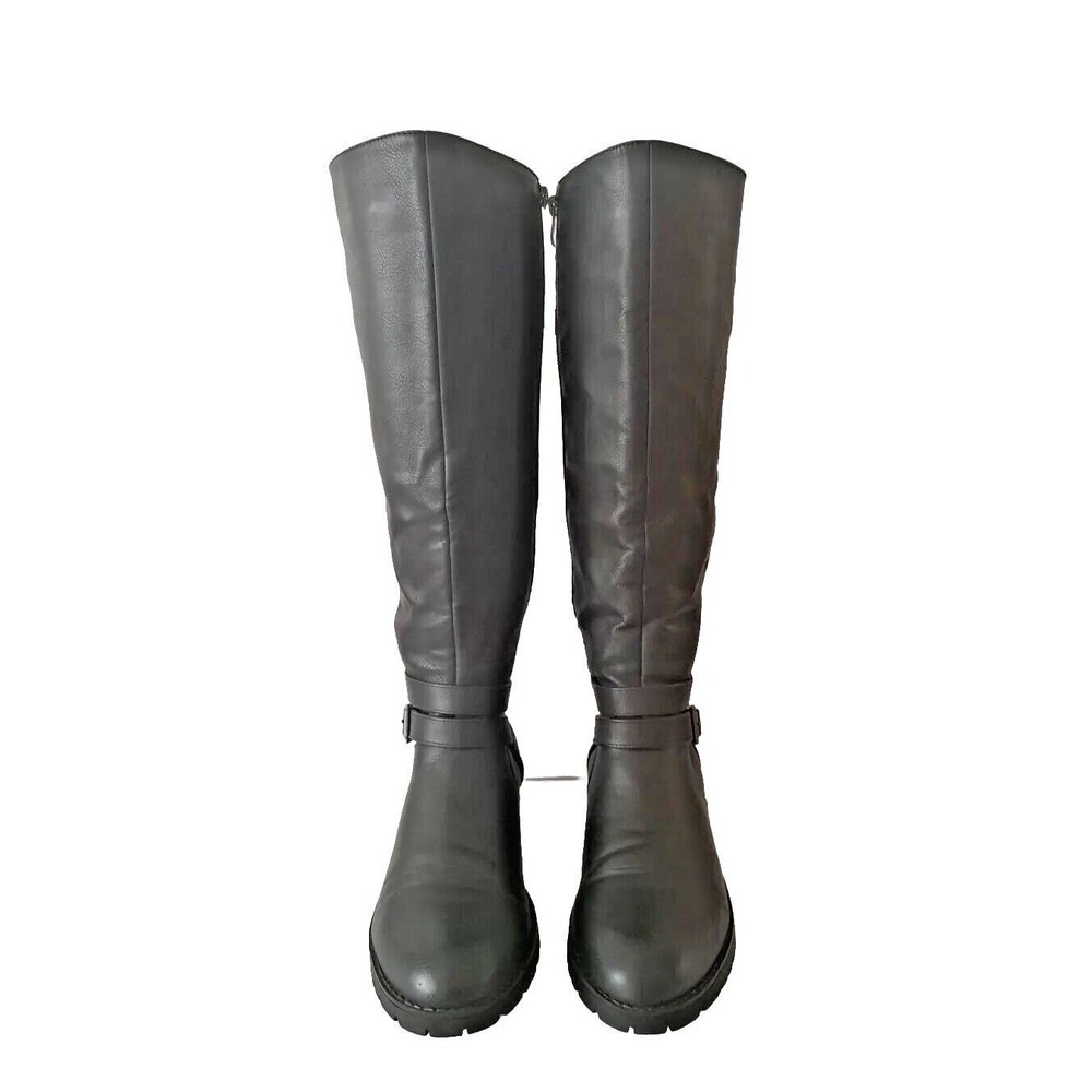 Shoedazzle Boots Women's Sz 8.5 Black Side Zip Knee High Buckle Riding Pre-owned
